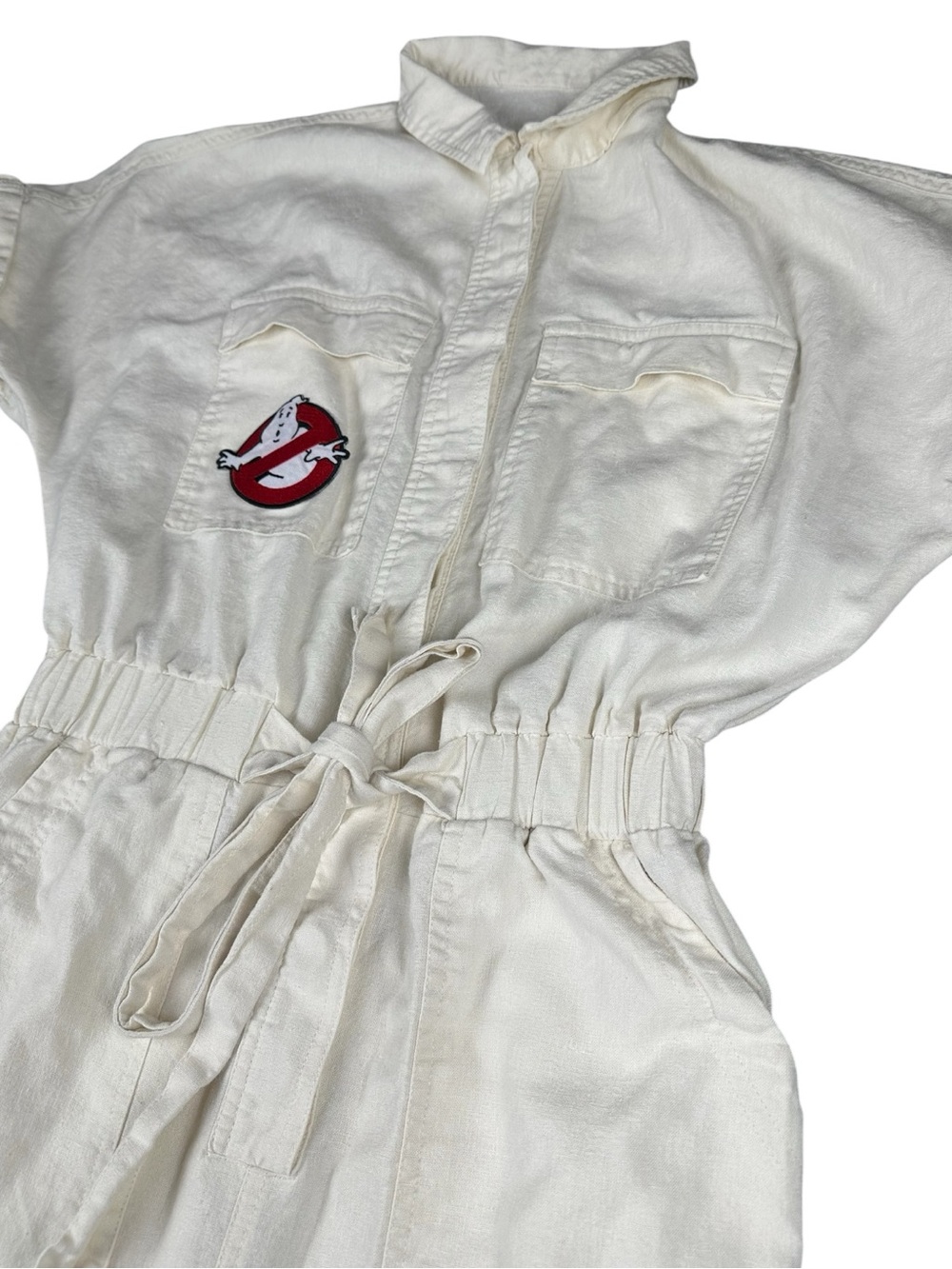 Universal Threads Ivory Linen Utility Jumpsuit Ghostbusters Patch Wide Leg Sz 2 - Picture 4 of 10